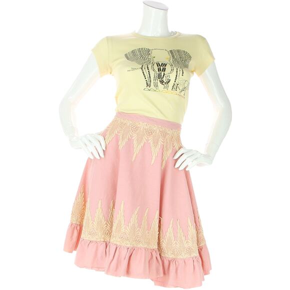 Vintage Dresses & Skirts - Vintage Pink Ivory Lace Linen Cottagecore Indie Skirt